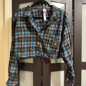 Savage X Fenty Plaid Cropped Pajama Top - Blue and Black